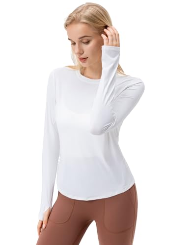 HANERDUN Maglietta Sportiva a Maniche Lunghe da Donna Top Activewear UPF 50+ Protezione Solare UV Magliette da Allenamento Running Outdoor Gym Hiking con Foro per Il Pollice