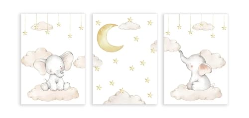 Toile éléphant mignon pour chambre bébé déco murale nordique lune