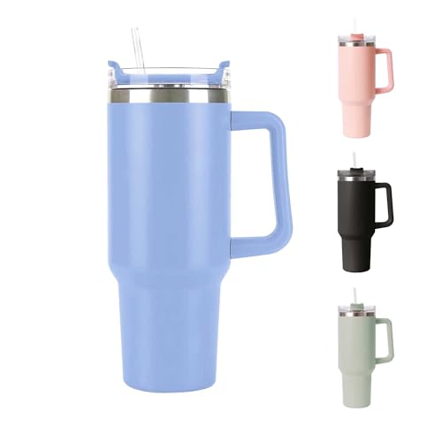 LKH 40oz Tumbler with Straw and Lid Ergonomic Handle Thermal Travel Mug Stainless Steel Insulated Thermos Coffee Mug Keeps Drink Hot/Cold Leakproof Tumbler Bottle for Tea Coffee Drinks (Blue)