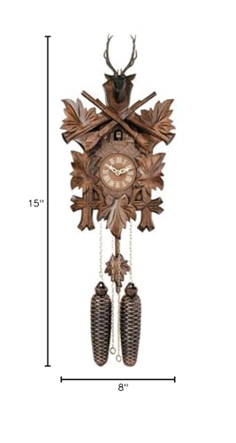 River City Clocks 15" Eight Day Hunter's Mechanical Cuckoo Clock with Hand-Carved Maple Leaves, Rifles, and Buck