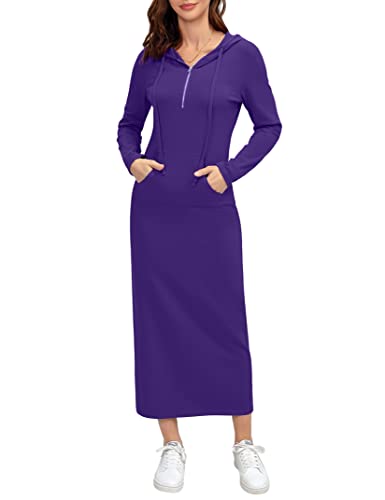 Image of MISSKY Women Casual Pocket Quarter-Zip Neck 3 /4 Sleeve Slim Split Pullover Hoodie Maxi Dress