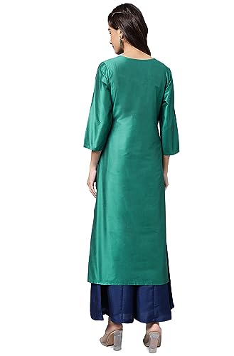 Image of Janasya Women's Peacock Green Poly Silk Yoke Embroidered Straight Kurta