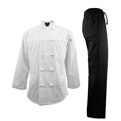 Chef Uniform Set - Chef Coat and Pants (Medium, White Coat/Black Pants)