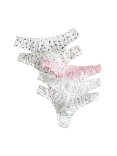 Image of GORGLITTER Women's 5pack Cute Panties Floral Print Low Rise Frilly Panties | Low Waist Underwear Set, Bow Lettuce Trim, Coquette Clothes