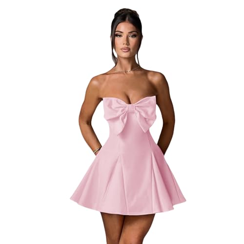 Image of JUMISEE Women's Elegant Bow Strapless Homecoming Dress A Line Swing Tube Mini Dress Short Evening Party Prom Dress