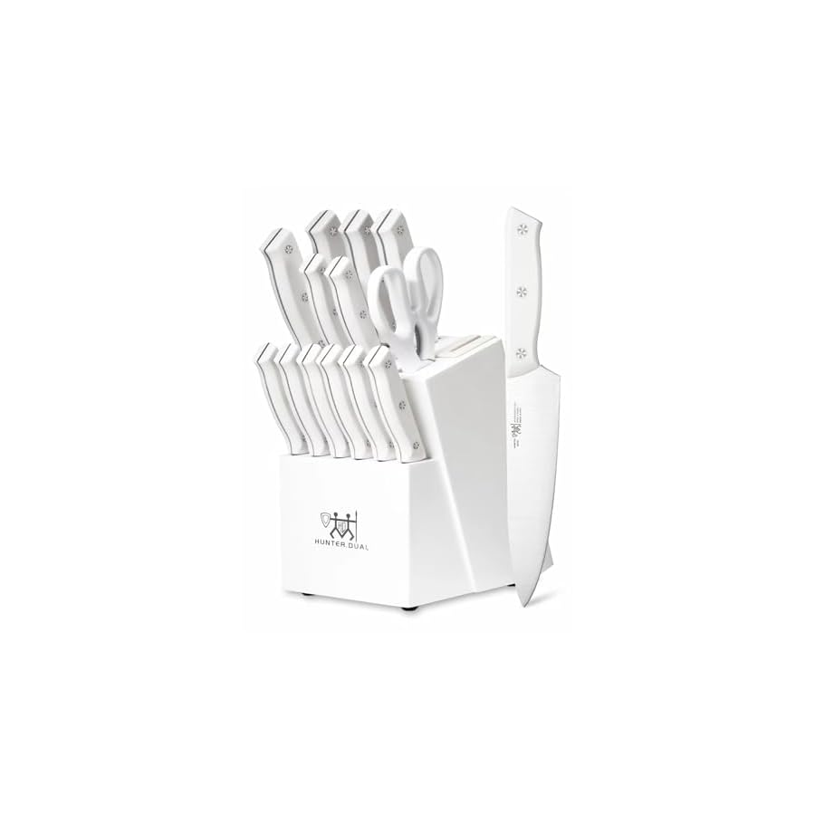 Knife Set, 15 PC Kitchen Knife Set with Block and Built-in Sharpener, 6 Steak Knives, Razor Sharp, Ergonomic Handl (White)