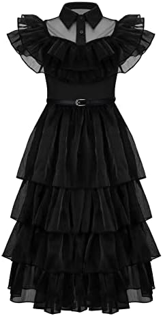 Kids Wednesday Addams Black Dance Dress with Belt Girls School Rave N Tulle Dress Halloween Cosplay Costume Party Outfit (Kids Dress, Small)