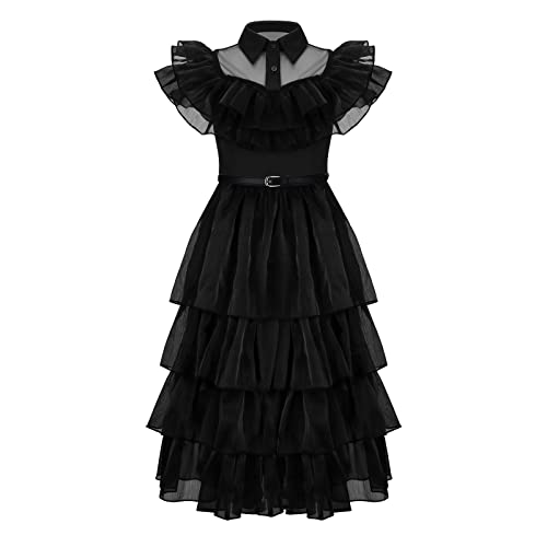 Zifunmur Wednesday Addams Dress Costume Girls Black Gothic Tulle Dance Lace Dress With Belt Halloween Party Cosplay Outfit (Medium) #TOP1