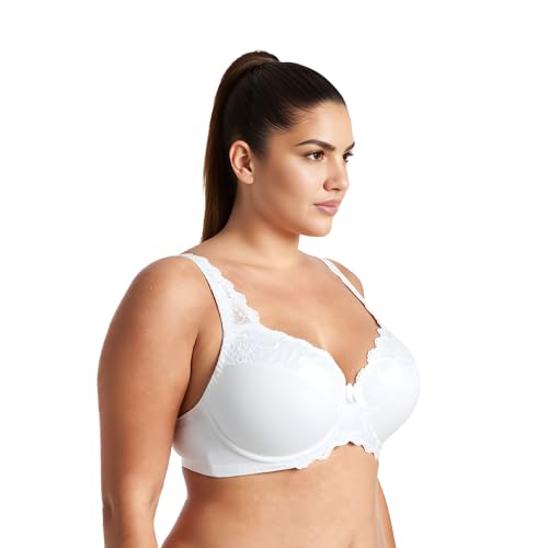 Image of Curve Muse Plus Size Minimizer Underwire Unlined Bra with Embroidery Lace-3Pack