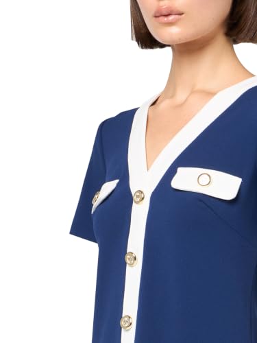 Image of Karl Lagerfeld Women's Short Sleeve V Neck Scuba Crepe A-line Contrast Framing Dress