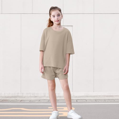 Image of DREAM BUS Girls T-Shirts and Shorts Set 2 Pieces Teen Girls Summer Matching Outfit Solid Trendy Clothes for Little Girl