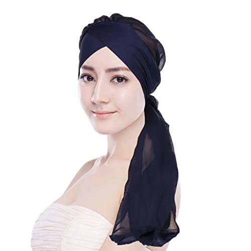 DAZISEN Turban Chimio pour Femme - Cancer Bandanas des Foulards et Enroule Bonnet Chapeau Chapeaux Bandeau Turbans Musulmans Écharpes Casquette pour Cancéreux, Perte de Cheveux, Bleu foncé Cover