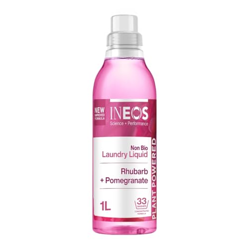 INEOS Next-Gen Non Bio Laundry Washing Liquid Detergent, 33 Washes (1L), High Performance Stain Remover For Clothes, Plant Powered, For Sensitive Skin, Rhubarb + Pomegranate, Packaging May Vary