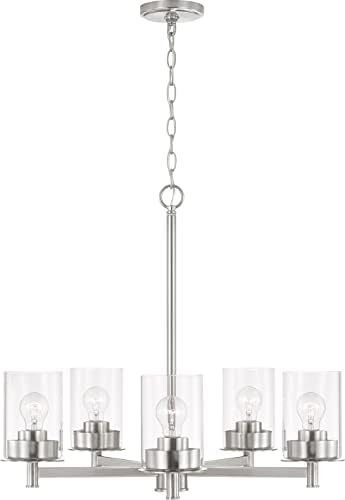 HomePlace Lighting 446851BN-532 Mason Transitional Clear Glass Round Chandelier, 5-Light 500 Total Watts, 24" H x 26" W, Brushed/Satin Nickel