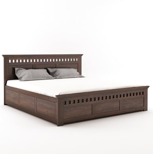 Image of Wooden King Size Bed with Storage Box Solid Wood Foldable for Bedroom | Wooden Folding Cot King Size Bed Frame (King Size, Walnut Finish, 1 Piece)