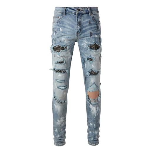 Jeans Pants Trousers Denim Men Street Trendy Piercing with Zircon Sequin Blue Hairy Personalized Spray Paint Stretch Slim Fit Small Foot Casual(Blue,29)