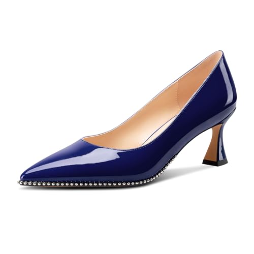 Image of TNYNFBEB Womens Mid Kitten Heel Pointed Toe Pumps Slip-on Silver Beaded Prom Party Dress Patent Leather 2.6 Inches Heels
