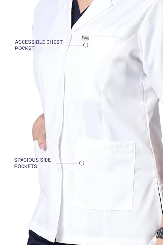 KNYA Med Female Medical Lab Coat | 100% Polyester | 3 Pockets Apron Lab Coat, For women, Uniform for Doctors, Nurses and Dentists, Short Sleeves, Anti-Wrinkle & BTRA Tested | White