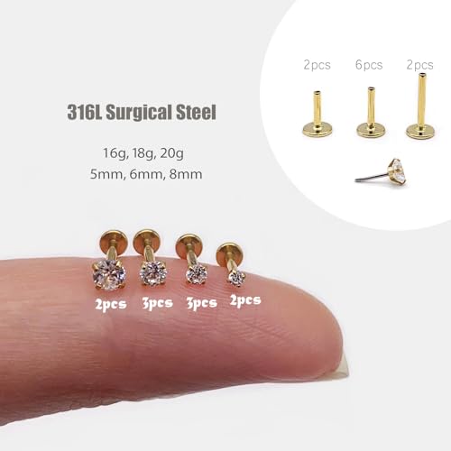 16G/18G/20G Tiny CZ Stud Earrings, Gold Flat Back Earrings, Threadless Cartilage Tragus Piercing Conch Stud Nose Helix Stud3