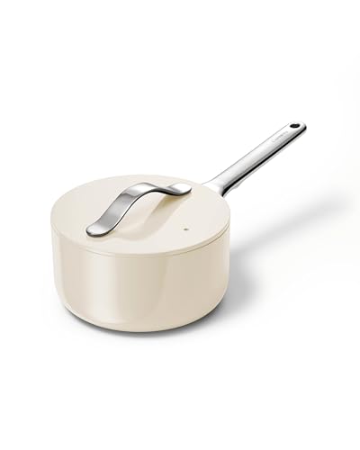 Caraway Nonstick Ceramic Sauce Pan with Lid (1.75 qt) - Non Toxic, PTFE & PFOA Free - Oven Safe & Compatible with All Stovetops (Gas, Electric & Induction) - Cream