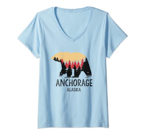 Mulher Anchorage Alaska Vintage Grizzly Bear presente de lembrança ao ar livre t-shirt decote em V
