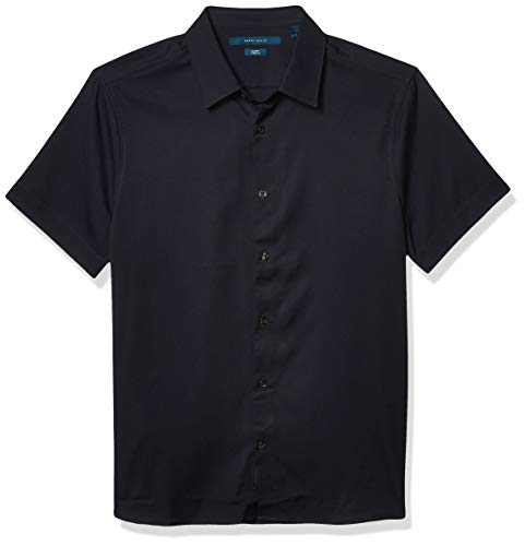 Perry Ellis Men's Total Stretch Slim Fit Solid Short Sleeve Button-Down Shirt, Dark Sapphire, Large
