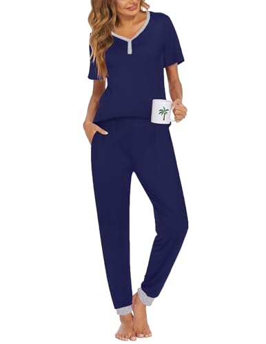 Image of Ekouaer Pajamas for Women Set 2 Piece Fall Lounge Sets Short Sleeve Pjs Joggers Long Pants Sleepwear with Pockets