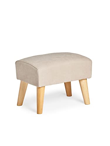 Sillonea- Puff nórdico Moderno con Patas de Maderas en Color Natural. Reposapiés de Estilo Nórdico para acompañar a tu sillón. 48x33x36 cm en Tela Antimanchas en Beige Cover