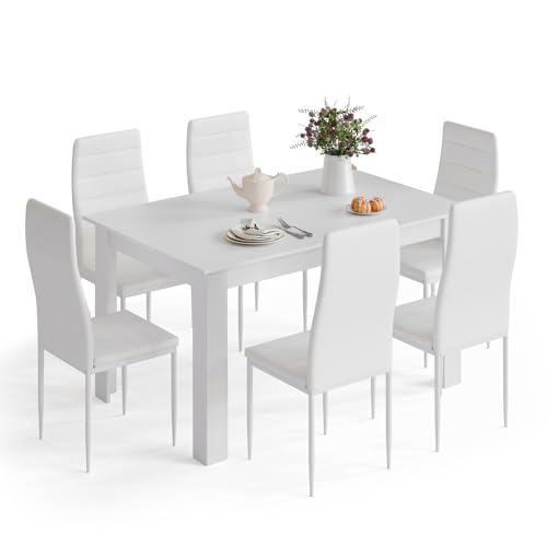 Mondeer Esstisch mit 6 Stühlen Set, Essgruppe mit Hochlehner Kunstleder Stuhl für Küche Esszimmer Wohnzimmer, W138 x D90 x H75 cm, Weiß