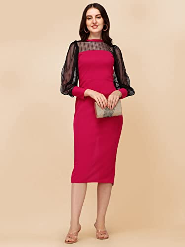 Image of Sheetal Associates Women's Polyester Bodycon Maxi Dress with Net Full Sleeves Round Neck Self Design Pattern and Bodycon Style | Maxi Dress for Women