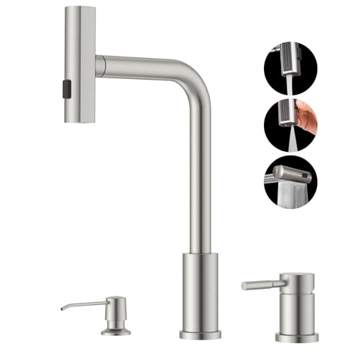 Image of 3 Hole Kitchen Faucet, Multi-Function Waterfall Kitchen Faucet with Soap Dispenser and Pull Down Sprayer, Stainless Steel 3 Pieces Sink Faucets with Separate Handle, Brushed Nickel