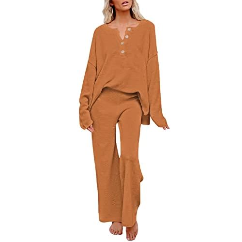 Pink Queen Women's 2 Piece Outfit Set Long Sleeve Button Pullover Sweater Top and Wide Leg Pants Knit Sweatsuit Rust Orange X-Large
