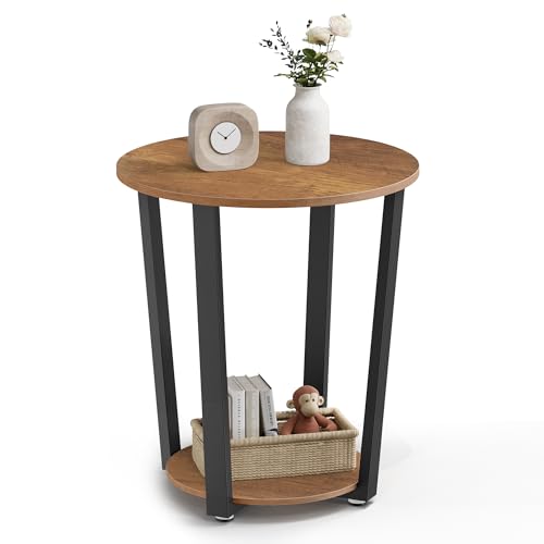 Image of VASAGLE Round Side End Table, 2-Tier Accent Bedside Table with Storage Shelf, Easy Assembly, Nightstand for Small Spaces, Living Room, Bedroom, Honey Brown and Ink Black ULET057KB01S