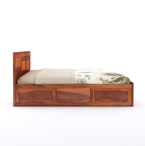 Image of Solid Sheesham Wood Queen Size Bed with Box Storage | Wooden Double Bed Cot Palang Furniture for Bedroom, Living Room, Guestroom and Hotel (Honey Finish)