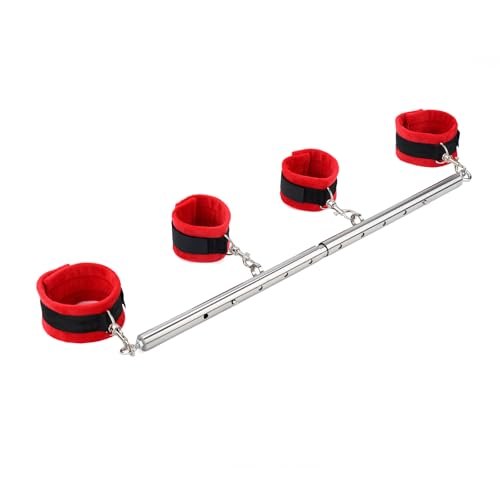 Spreader Bar Heavy Duty Stainless Steel Expandable Silver Bar Home Gym with 4pcs Furry Red Adjustable Straps,Sports Aid Training Fitness Gear Pilates Aid Kit (Silver+Red Furry Kit)