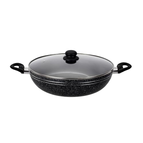 Royalford Aluminium Wok Pan, 26 CM | Induction Safe Frying Pan with Non-Stick Coating & Tempered Glass Lid | Saute/Frying pan with Heat-Resistant Handle | Stir Fry Cookware Pan, PFOA