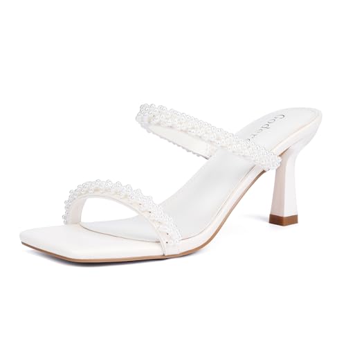 Goderci Kitten Heels for Women Two Strap Mules Mid Square Open Toe Slip On Heeled Sandals(7 White Pearl)