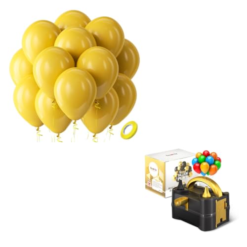 Image of Bezente Mustard Yellow Latex Party Balloons - 100 Pack 12 inch Round Helium Boho Netural Fall Balloons and Electric Balloon Pump