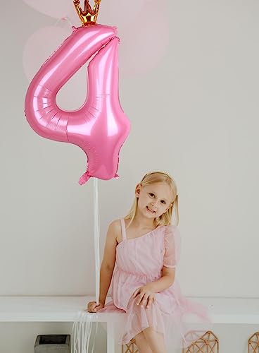 40 Inch Crown Pink Number 4 Balloon, Big Conjoined Baby Pink Foil Mylar Helium Digit 4 Balloon For Girl 4Th Birthday Party Decorations Anniversary Decor Theme Party Supplies #TOP2