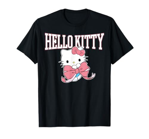 Hello Kitty Holding Pink Bow Collegiate Style Lettering T-Shirt