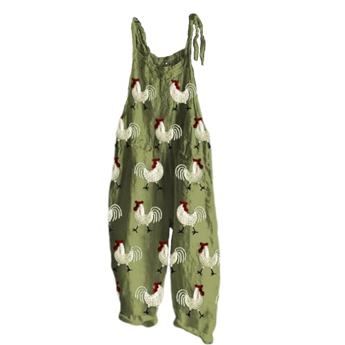 VEPONOIX Summer Jumpsuits for Women 2025 Chicken Print Casual Sleeveless Comfy Loose Bib Overalls(Chicken Ff