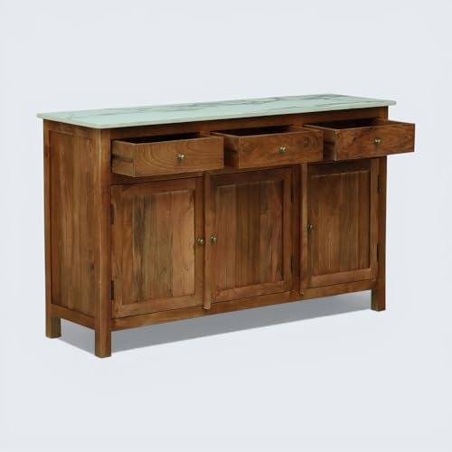 Image of Solid Wood Madrid 3 Door Sideboard Cabinet | Sintered Stone Top Sideboard for Living Room | Finish- Dark Teak