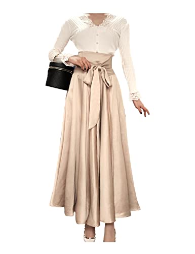 Women Elegant High Waist Wrap Tie Front Pleated Full Wing Maxi Skirts