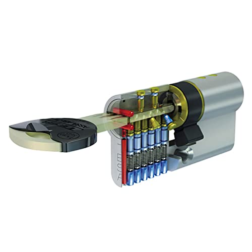 Tesa Assa Abloy, TX853535L, Cilindro de Alta Seguridad, TX80, Doble Embrague, Leva Larga, Llave - Llave, Latonado, 35 x 35 mm