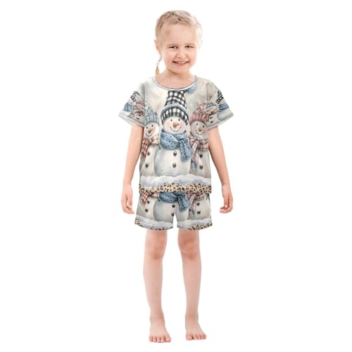 ALAZA Snowman Leopard Print Christmas Xmas Pajamas Set Short Sleeve Cotton Sleepwear Summer Pjs 2 Piece 5-14Y3