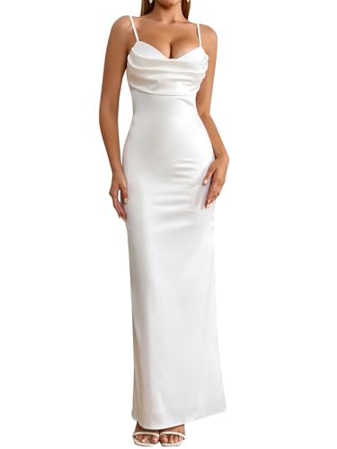 EYNMIN Women's Satin Spaghetti Strap Maxi Dress Lace Cowl Neck Backless Bodycon Long Cocktail Wedding Guest Dresses