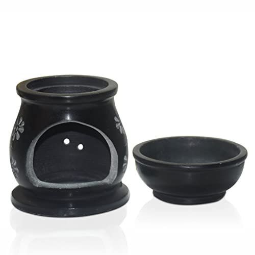 Pure Source India Handcrafted Soapstone Aroma Burner Oil Diffuser and 1 Tea Light Candle (Black)
