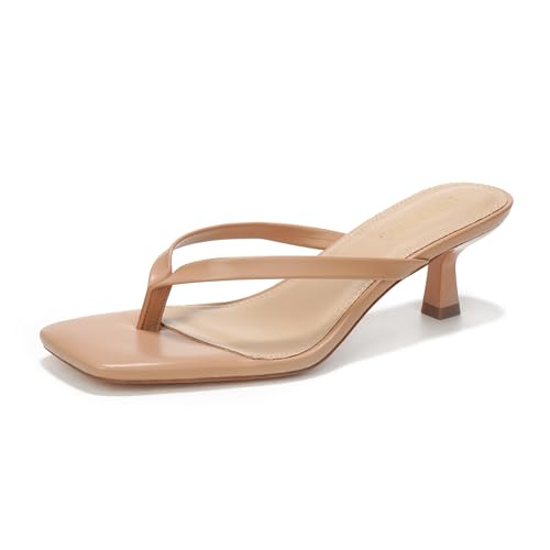LULLASONG Women's Nude Kitten Heels Sandals Square Open Toe Flip Flop Heels 1.8-2 Inch Heeled Sandals for Women