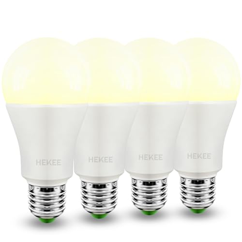 HEKEE Dusk to Dawn Sensor Light Bulbs LED A19 900 Lumens, Outdoor Porch Lights, 60 Watt Equivalent, Warm White 2700K Soft White Security Bulb(Auto on/Off), E26 Screw Base(4 Pack)