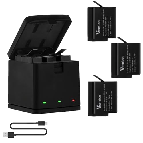 Vemico Battery Charger for GoPro Hero 7/6/5/2018 Black 3-Pack 1500mAh Replacement Batteries and Triple Charge Case with LED Type-C Charging for Go Pro Hero 7 6 5 Full Compatible with Orginal Camera